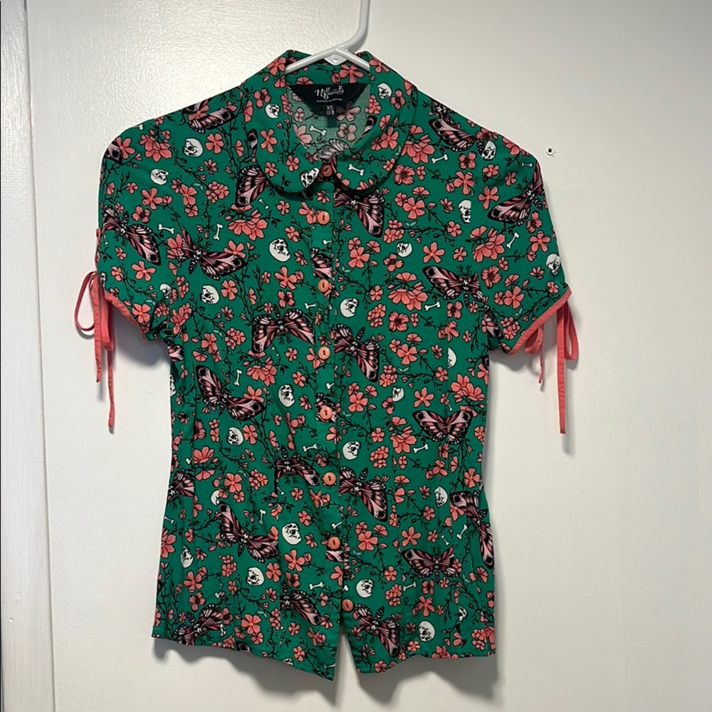 Hell Bunny Green Blouse, butterfly and skull print